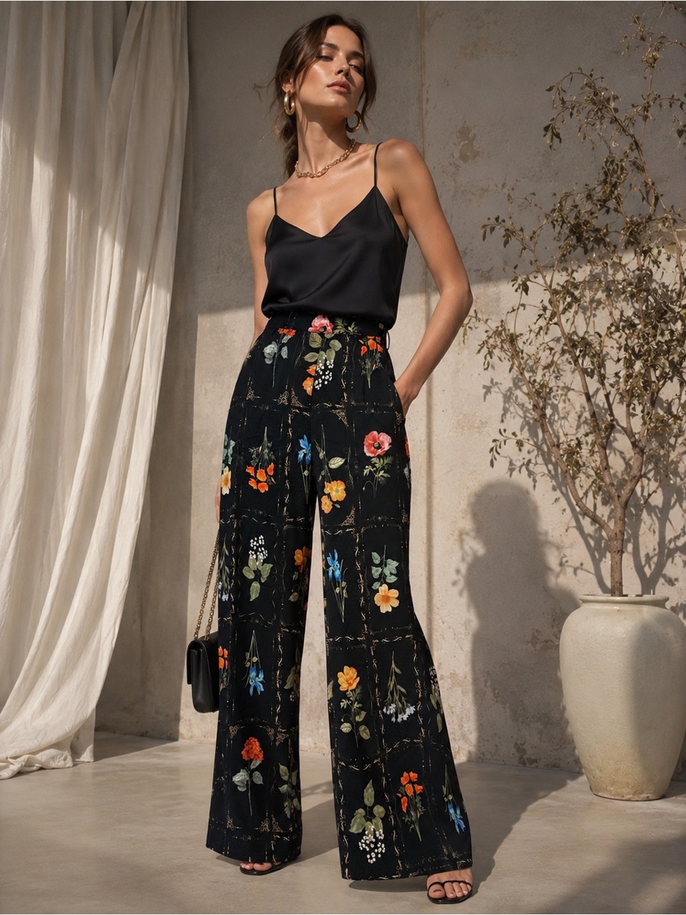 Rachel Zoe Floral Wide Leg Pants Black High Waist Size M NWT Elegant Chic